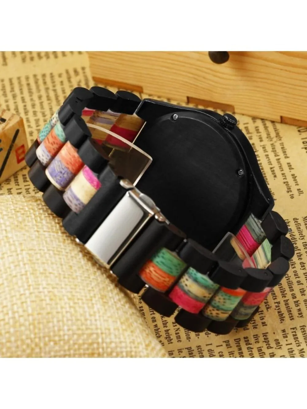 Men's Black&Multicolor Analog Handmade Colorful Bamboo Engraved Wooden Watch